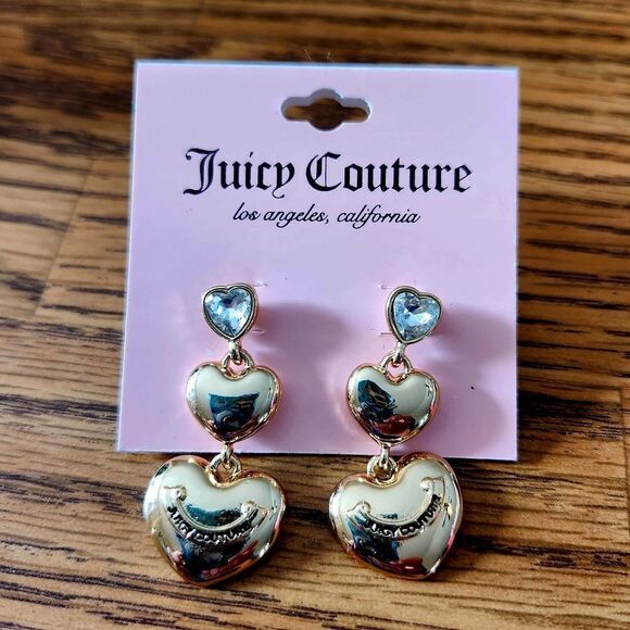 JUICY COUTURE Gold Heart Drop Earrings with Crystal Accents SEASIDE SOIREE STYLE - Picture 2 of 6